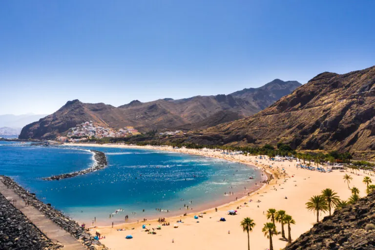 Top view of Las Teresitas beach with yellow sand. Near the city of Santa Cruz de Tenerife, Tenerife, Canary Islands.